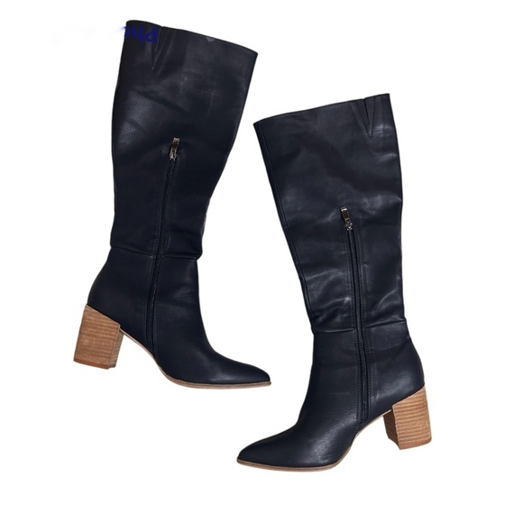 Ccocci black leather knee high pointed toe stacked wooden heel boots 8.5 - Picture 6 of 8